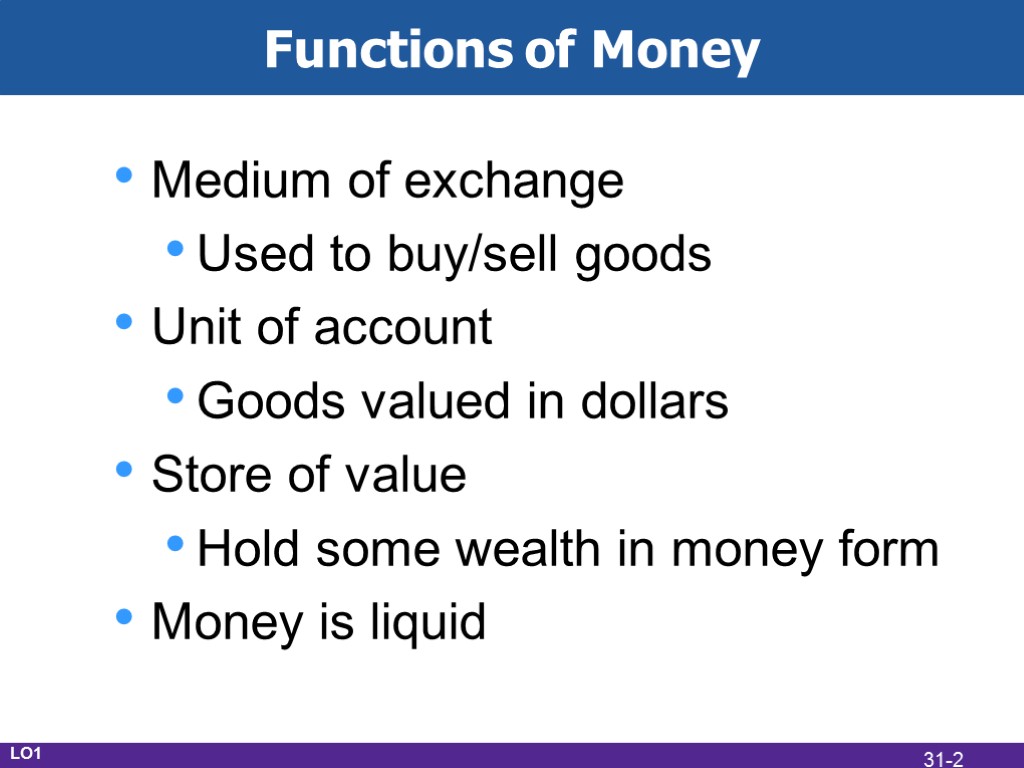 Functions of Money Medium of exchange Used to buy/sell goods Unit of account Goods
